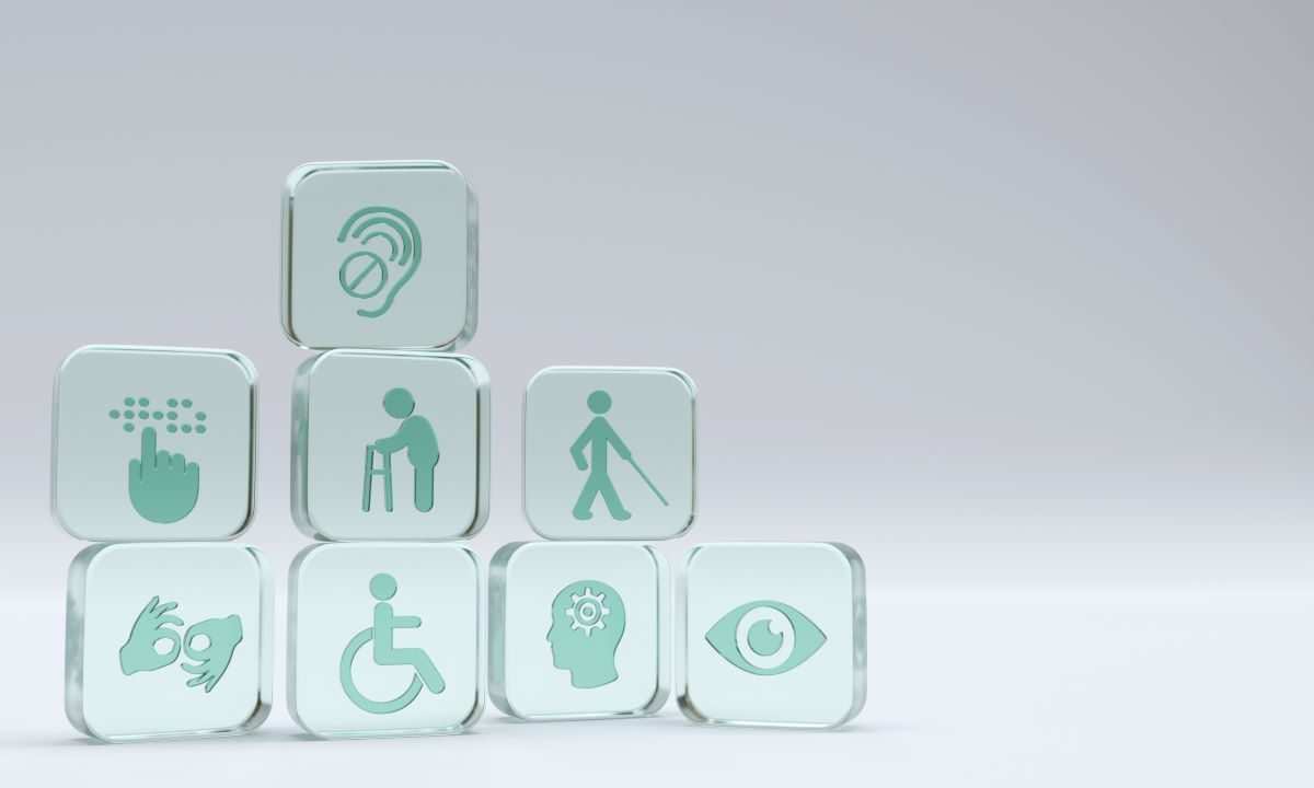 Square glass cubes with symbols for different types of disabilities impacted by accessibility. Square glass cubes with symbols for different types of disabilities impacted by accessibility.
